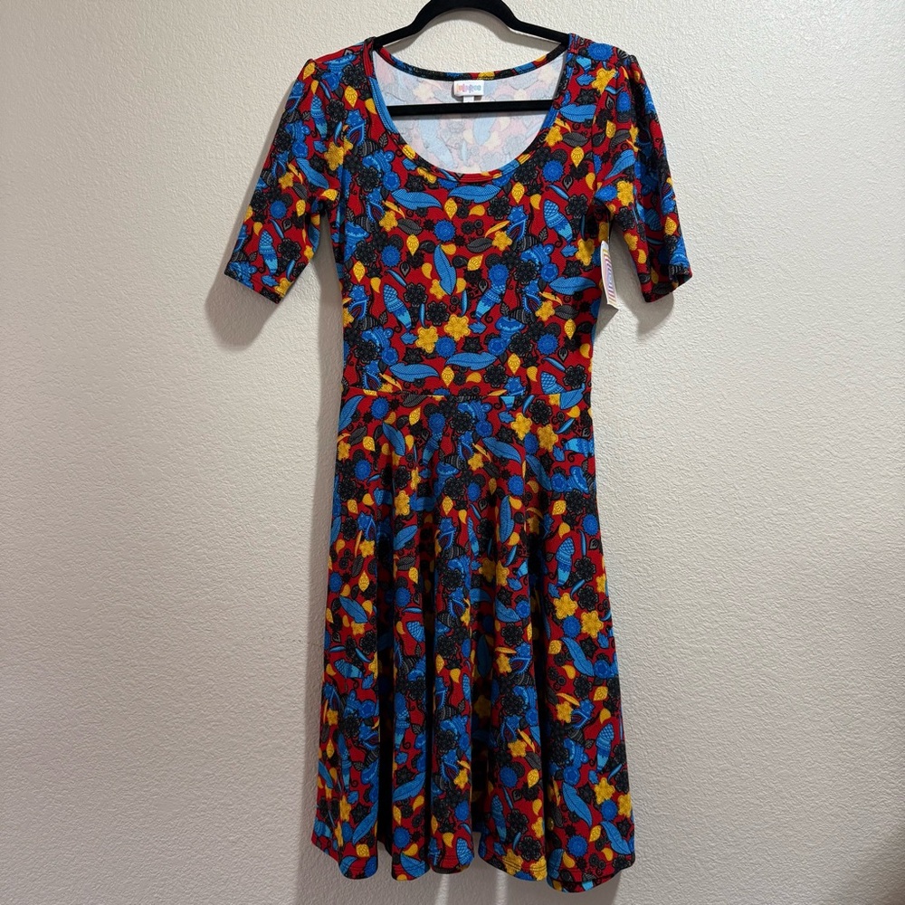 🌵 2/$20 LuLaRoe - Nicole - Blue & Red Patterned  Dress - NWT - Size Small